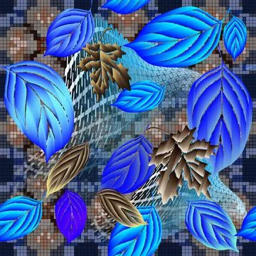 Leafy textured 3d vector seamless pattern. Ornamental pixel mosaic background イラスト素材