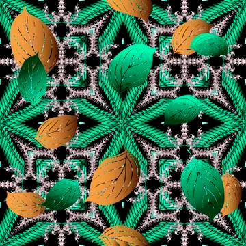 Leafy textured abstract 3d vector seamless pattern. Floral ornamental ethnic Stock Illustration