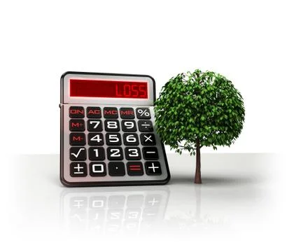 Leafy tree with negative business calculations  isolated on white Illustrazione stock
