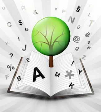 Leafy tree in opened book with flying alphabet concept Stock Illustration