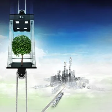 Leafy tree in sky space elevator concept above city illustration Stock Illustration