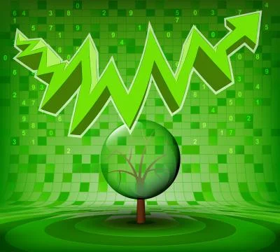 Leafy tree under green rising zig zag arrow vector illustration Illustrazione stock