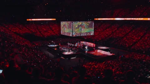 League of Legends Final. Spectators doing the wave. Crowded stadium. Stock Footage 154354078