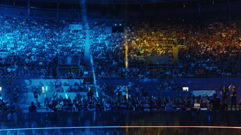League of Legends Final. Stands full of excited esports supporters. Stock Footage 154354540
