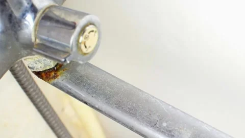 Leak in connection of old rusty faucet and watering can shower switch. Stock Footage 188047495