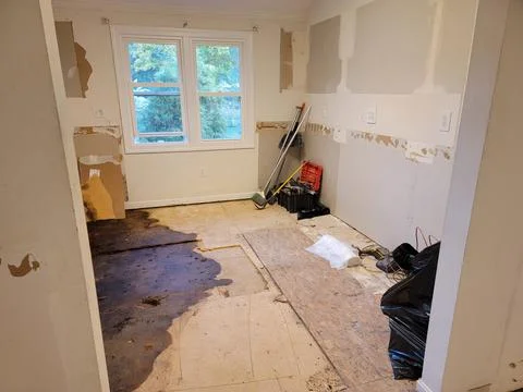 Leak on kitchen floor found during construction Stock Photos