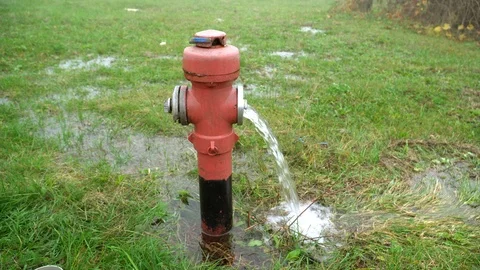 Leaking fire hydrant. Red hydrant on the green field is leaking water. Vidéo 118703437