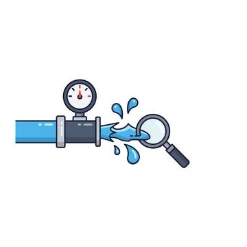 Leaking pipe with pressure gauge and magnifying glass vector Stock Illustration