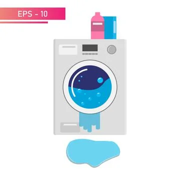 Leaking washing machine, puddle on the floor. The washing machine broke down Stock Illustration