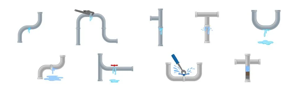 Leaking Water Pipe and Damaged Dripping Fitting Vector Set Stock Illustration