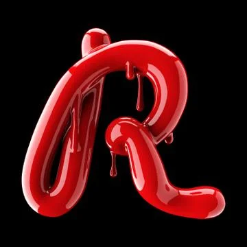 Leaky red alphabet on black background. Handwritten cursive letter R. Stock Illustration