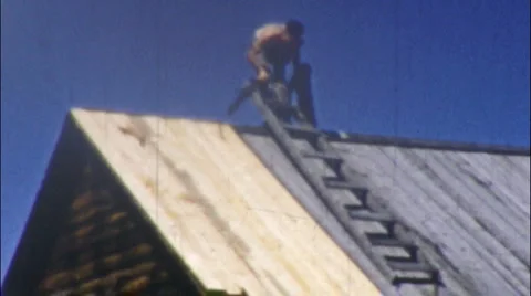 LEAKY ROOF Men Repairing HOME DIY Roofing Cabin Roof Vintage Film Home Movie 2 Stock Footage