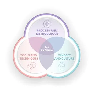 A Lean Six Sigma analysis venn diagram has 3 steps such as process and method Illustrazione stock