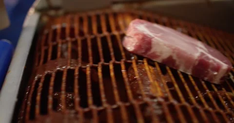 Lean slices of raw meat with a thin rim of fat lying on a metal grate in a food Vídeo Stock 339979291