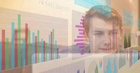 Leaning analyst adjusting transparent touchscreen data projections in office, Stock Photos