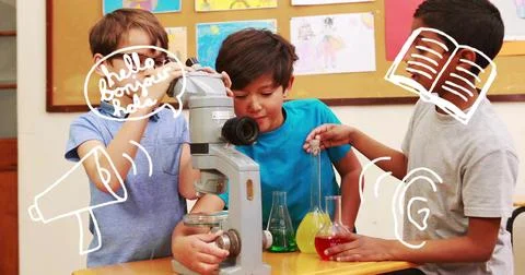 Leaning boy looking through microscope, left boy focusing knob, right boy Stock Photos