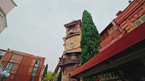 Leaning Clock Tower Of The Tbilisi Puppet Theatre Video stock 346736636