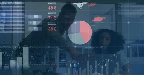 Leaning colleagues analyzing data charts on transparent digital screen in modern Stock Photos