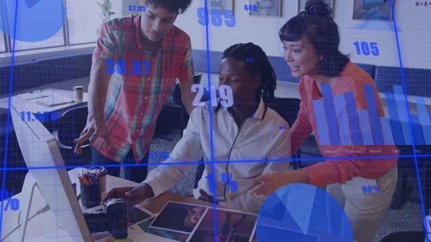 Leaning creative team, coral sweater, reviewing prints at desk with monitor, Stock Footage 332469343