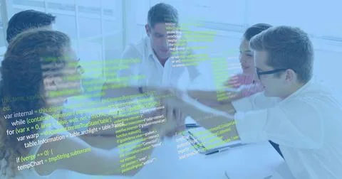 Leaning five team stacking hands atop white meeting table in sunny office, with Stockfoto's