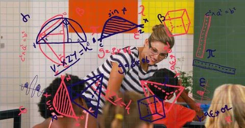 Leaning instructor guiding children solving math problems at school, with geo Stock Photos