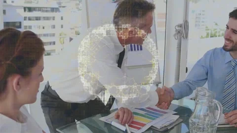 Leaning lead in tie offering handshake over glass table in office, sealing deal Stock Footage 332275502