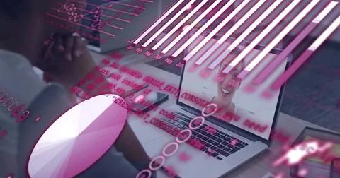 Leaning man in jacket clasping hands at desk, laptop showing smiling peer and 写真素材
