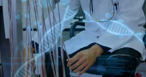 Leaning on rack, lab tech extracting repositioning tubes with scrolling DNA Stock Footage 311224689