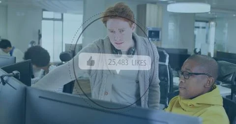 Leaning software engineer showing code to colleague at tech office, with digital Stock Photos