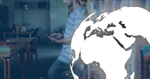 Leaning student scrolling tablet in quiet library, wearing striped tee and Stock Photos
