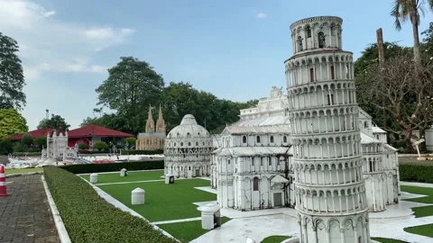 The Leaning Tower of Pisa at Mini Siam, miniature park attraction in Pattaya Stock Footage 221187687