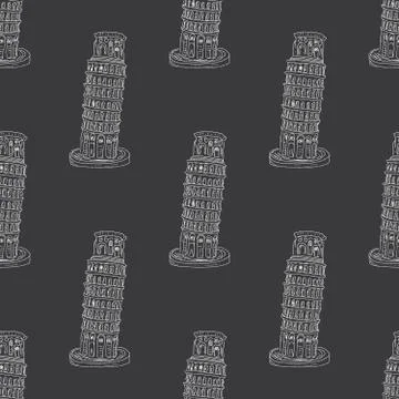 Leaning Tower of Pisa seamless pattern, hand drawn sketched background. vecto Stock Illustration