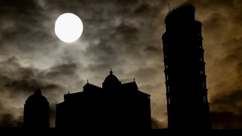 Leaning Tower in Pisa: Time Lapse in Dark Night with Full Moon Stock Footage 129895054