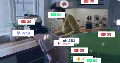 Leaning women checking floating notifications and cursor at kitchen sink, in Stock Photos