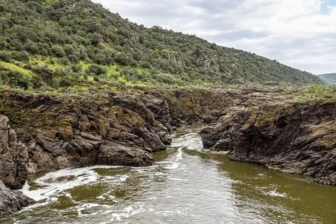 The Leap of the wolf, Pulo do Lobo waterfall in the Guadiana Valley Natural.. Stock Photos