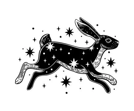 Leaping black rabbit with stars  Celestial hare tattoo design Stock Illustration
