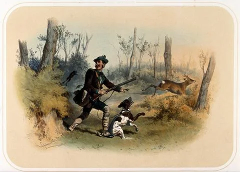 A leaping frog startles a huntsman, causing him to tread on his dog's tail .. Stock Illustration