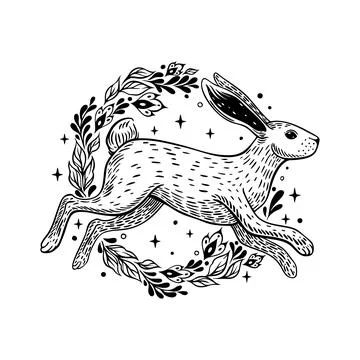 Leaping Hare in Botanical Wreath Vector Line Art Stock Illustration