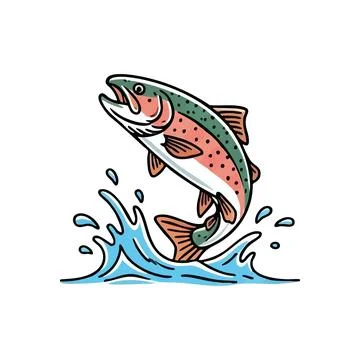 (Leaping Trout Splashing from Water. Dynamic artwork of a vibrant freshwate.. Stock Illustration