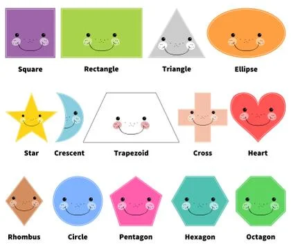 Learn 2D shapes. Cartoon smiling shapes for kids. Isolated. White background Illustrazione stock