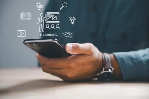 Learn about e-learning with mobile access, streaming live video for online .. Stock Photos