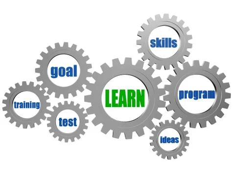 Learn and concept words in silver grey gearwheels Stock Illustration