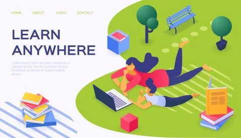 Learn anywhere with flat laptop, vector illustration. People character use Stock Illustration