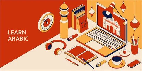 Learn Arabic language isometric concept with open laptop, books, headphones, and Stock Illustration