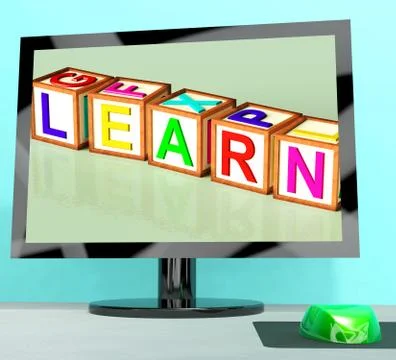Learn blocks on computer screen showing online kids education Stock Illustration