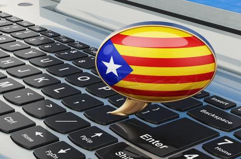 Learn Catalan online concept. Speech balloon with Catalan flag, 3D rendering Illustrazione stock