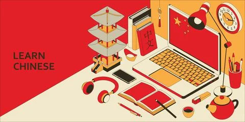 Learn Chinese language isometric concept with open laptop, books, headphones Stock Illustration