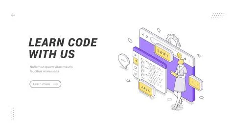 Learn Code And Programming Education Isometric Vector Illustration Banner T.. Stock Illustration