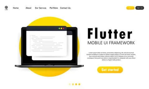 Learn to code Flutter Mobile UI Framework on laptop screen, programming langu Stock Illustration