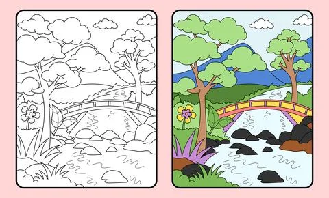 Learn coloring for kids and elementary school. Mountains and rivers, bridges. Stock Illustration